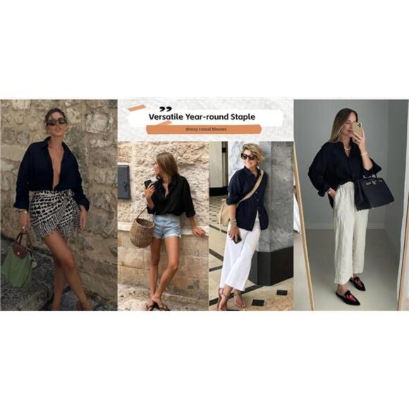 Womens Button Down Shirts Long Sleeve Black - Picture 3 of 3